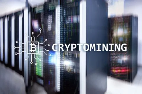 Cryptocurrency mining concept on server room background. 스톡 일러스트
