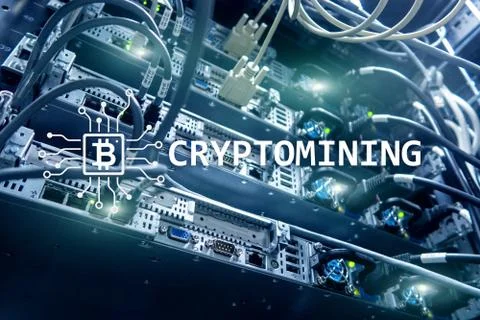 Cryptocurrency mining concept on server room background. Illustrazione stock
