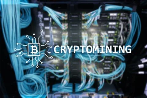 Cryptocurrency mining concept on server room background. Illustrazione stock