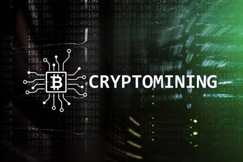 Cryptocurrency mining concept on server room background. Illustrazione stock