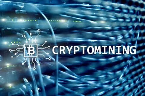 Cryptocurrency mining concept on server room background. 스톡 일러스트