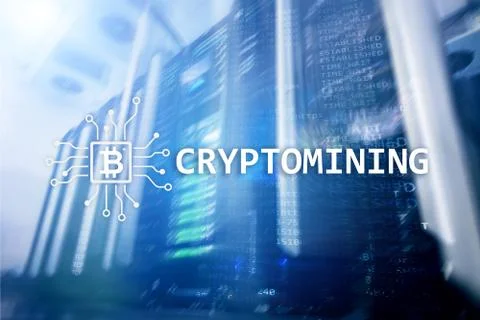 Cryptocurrency mining concept on server room background. 스톡 일러스트