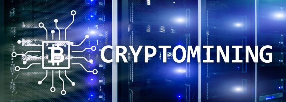 Cryptocurrency mining concept on server room background. 스톡 일러스트