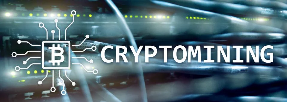 Cryptocurrency mining concept on server room background. Illustrazione stock