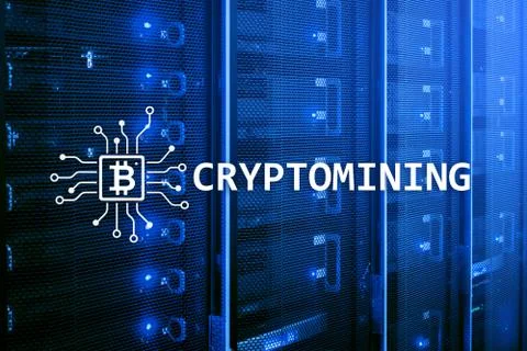 Cryptocurrency mining concept on server room background. 写真素材