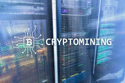 Cryptocurrency mining concept on server room background. Foto stock