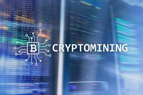 Cryptocurrency mining concept on server room background. Foto stock
