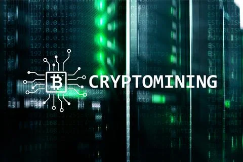 Cryptocurrency mining concept on server room background Stock Photos