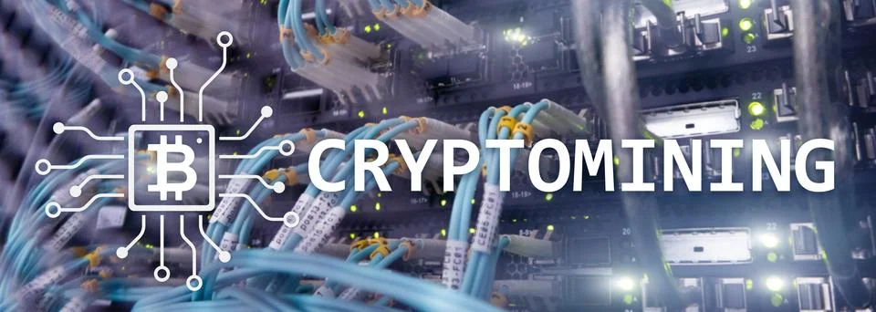 Cryptocurrency mining concept on server room background. Stock Photos