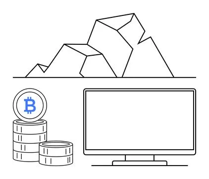 Cryptocurrency mining concept with stacked Bitcoin coins, computer monitor, and Illustrazione stock