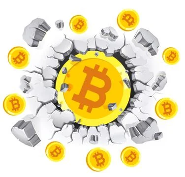 Cryptocurrency mining conceptual design. Bitcoin in old Plaster wall damage.  Stock Illustration