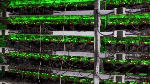 Cryptocurrency mining equipment on large farm. ASIC miners on stand racks mine Stockbeeldmateriaal 126691017