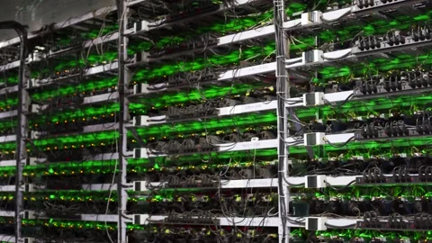 Cryptocurrency mining equipment on large farm. ASIC miners on stand racks mine Video stock 131313776