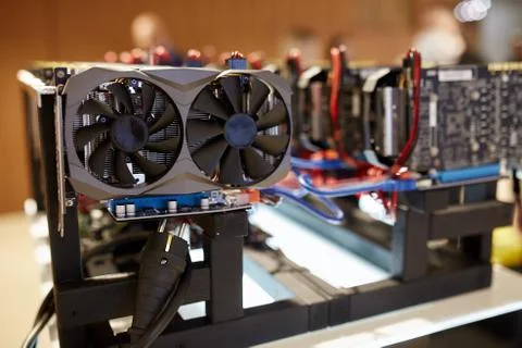 Cryptocurrency mining equipment - lots of gpu cards on mainboard Stock Photos