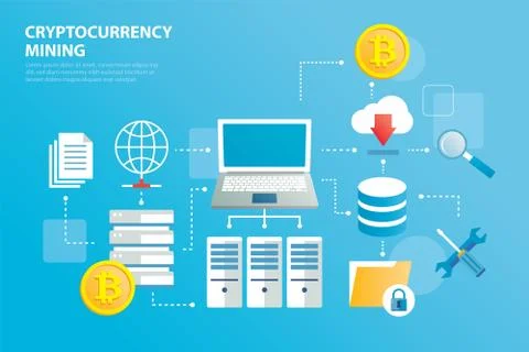 Cryptocurrency mining farm and blockchain. Modern infographic laptop connecte Stock Illustration
