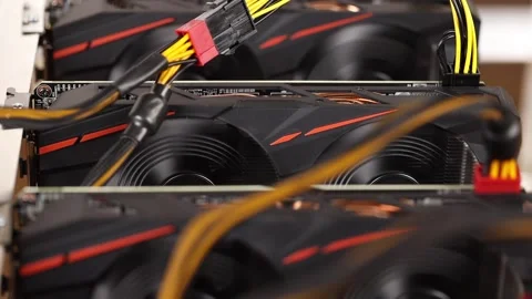 Cryptocurrency mining farm, extraction of bitcoins, ethereum. Fans spinning o Stock Footage 154181228