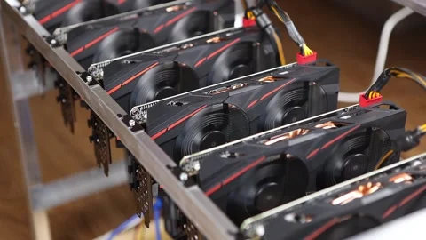 Cryptocurrency mining farm, extraction of bitcoins, ethereum. Fans spinning o Stock Footage 154270580