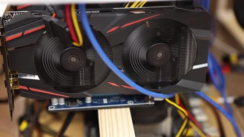 Cryptocurrency mining farm, extraction of bitcoins, ethereum. Fans spinning o 動画素材 154270589