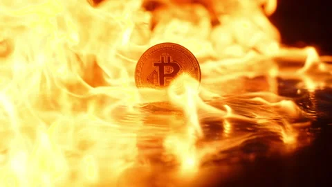 Cryptocurrency mining fires. Gold coin bitcoin burns in fire Stock Footage 168771819