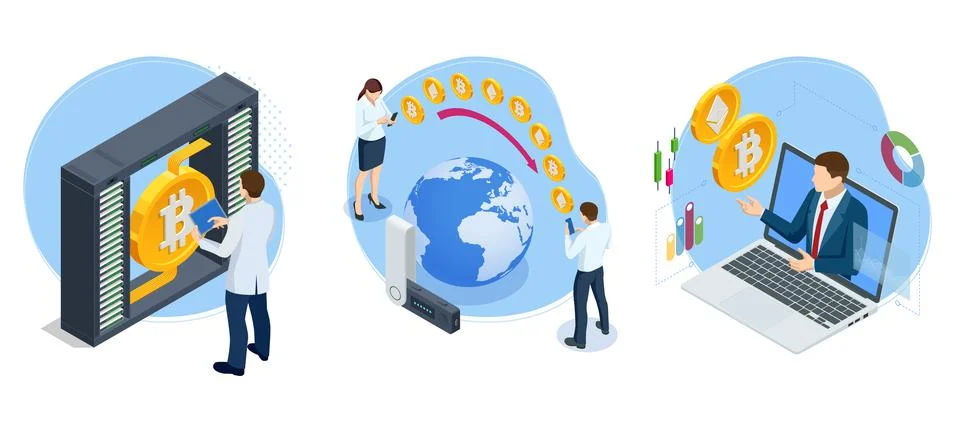 Cryptocurrency mining GPU-farm. Cryptocurrency and blockchain isometric Stock Illustration
