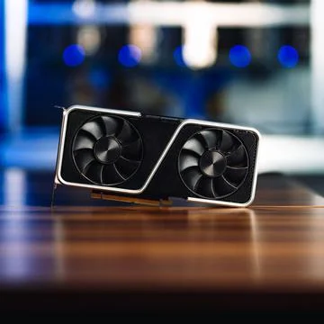 Cryptocurrency mining GPU rig computer graphics card on the table, close-up Stock Photos