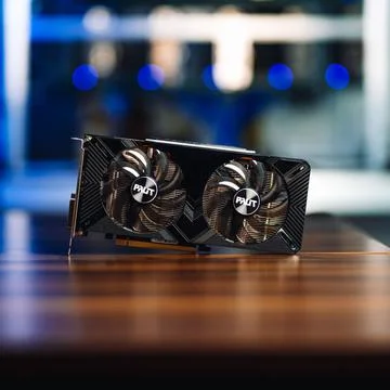 Cryptocurrency mining GPU rig computer graphics card on the table, close-up Stock Photos