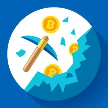 Cryptocurrency mining icon concept with pickaxe, coins in mountains Stock Illustration