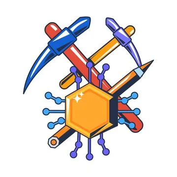 Cryptocurrency mining icon with pickaxe, tools, and digital coin for blockchain Stock Illustration