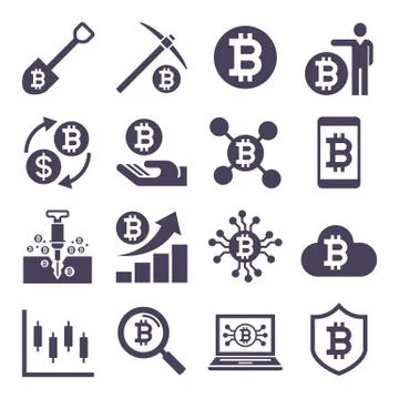 Cryptocurrency mining icons. Vector illustrations. Stock Illustration