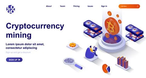 Cryptocurrency mining isometric landing page. Miner makes electronic money Stock Illustration
