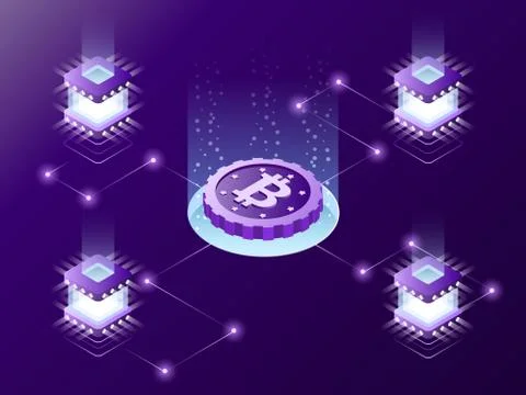 Cryptocurrency mining isometric vector concept. Stock Illustration