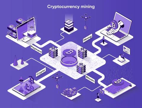 Cryptocurrency mining isometric web banner. Bitcoin mining process 3d scene d Illustrazione stock