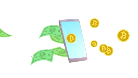 Cryptocurrency mining. Paper dollars flying into the smartphone, and bitcoin Stock Footage 240019417