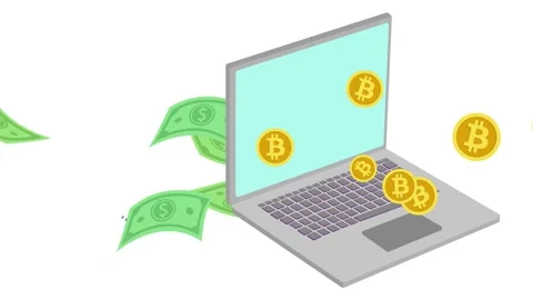 Cryptocurrency mining. Paper dollars flying into the laptop, and bitcoins fl Stock Footage 240019430