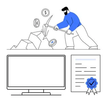 Cryptocurrency Mining Process with Miner Extracting Digital Coins from Bloc.. Stockillustratie