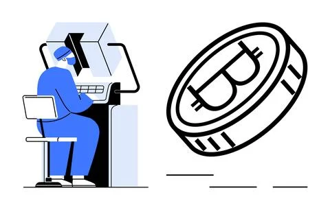 Cryptocurrency Mining Process with Miner Working at Computer and Large Bitcoin Illustrazione stock