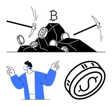 Cryptocurrency mining process with pickaxes and digital coins, user in VR Stockillustratie