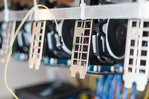 Cryptocurrency mining rack with graphics cards Stock Photos