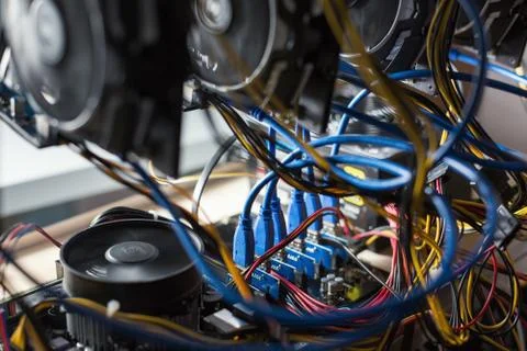 Cryptocurrency mining rack with graphics cards Stock Photos