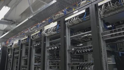 Cryptocurrency Mining Rigs With GPUs on Shelves Data Center Setup 스톡 동영상 331774347