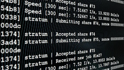 Cryptocurrency mining software job data output screen Stock Footage 90717603