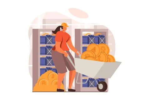 Cryptocurrency mining web concept in flat design. Woman holds wheelbarrow with Stock Illustration