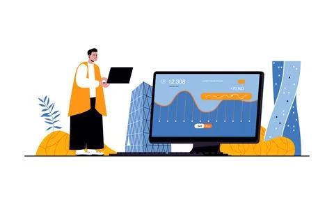 Cryptocurrency mining web concept with people in flat cartoon design. Man ear Stock Illustration