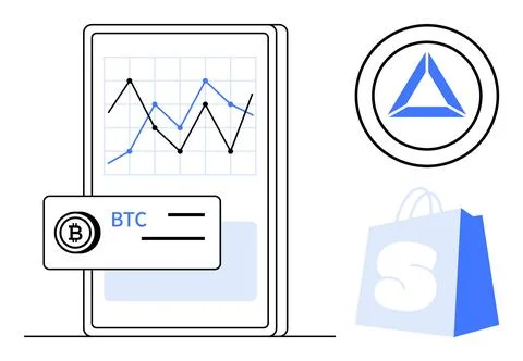 Cryptocurrency Mobile App with Stock Graph, Shopping, and Digital Coins Conce Illustrazione stock