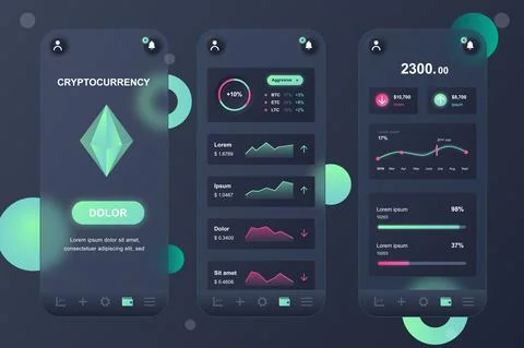 Cryptocurrency neumorphic elements kit for mobile app. Online banking, trading Stock Illustration