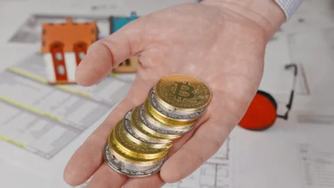 Cryptocurrency in the palm of a man's hand Stock Footage 305637073