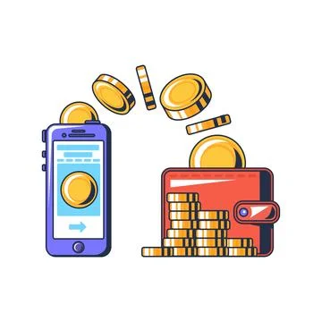 Cryptocurrency payment icon with mobile wallet, digital coins, and cash wallet Stock Illustration