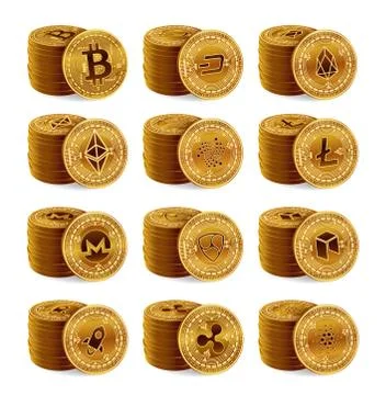 Cryptocurrency physical coins stack set. 3D Golden Crypto currency coins isol Stock Illustration