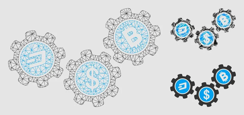 Cryptocurrency Process Gears Vector Mesh Network Model and Triangle Mosaic Icon Illustrazione stock
