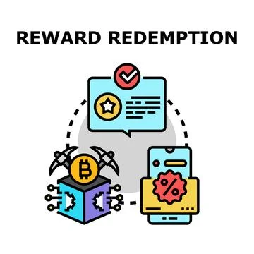 Cryptocurrency rewards redeeming using mobile application system Stock Illustration